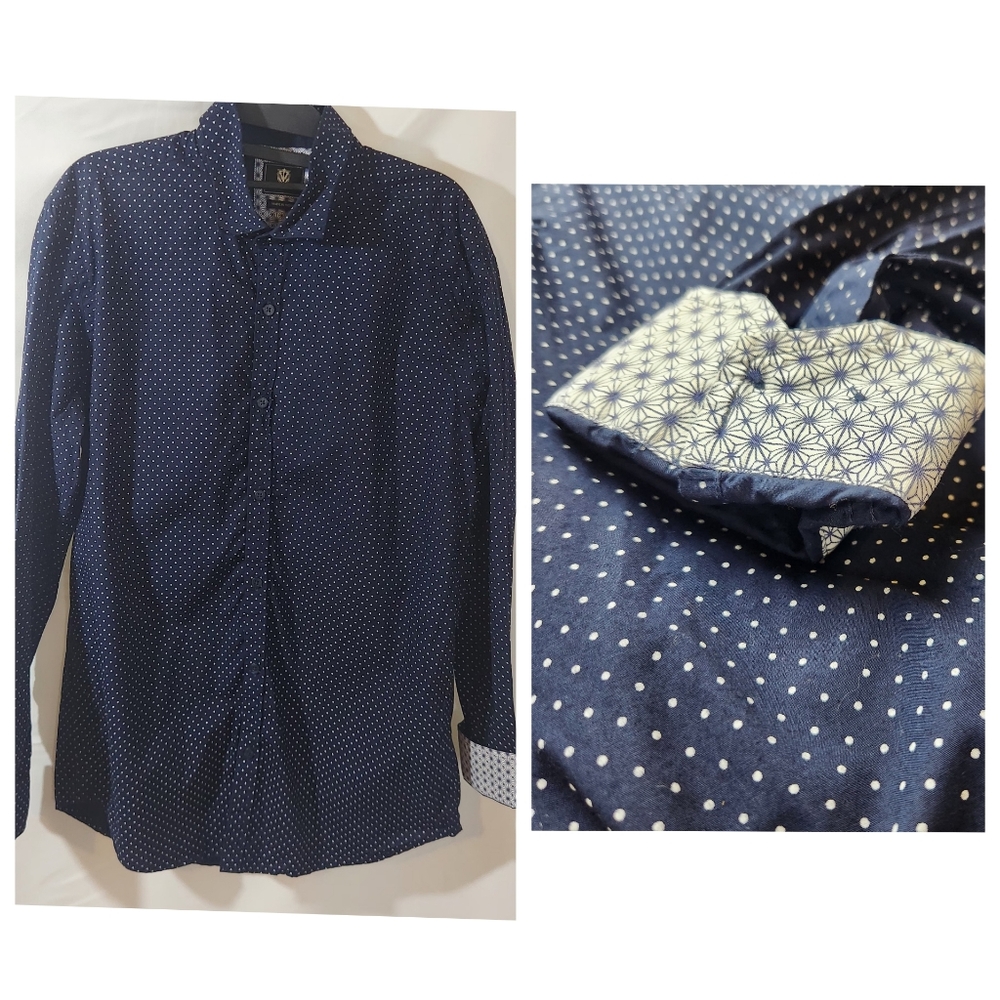 Men’s Steel & Jelly Polka Dot Shirt Large Navy Long Sleeve Contrast Cuff